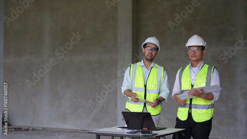 Two construction engineers discussing project plans using a digital tablet, with a laptop on the table in an unfinished building. Perfect for themes of collaboration and smart construction.

