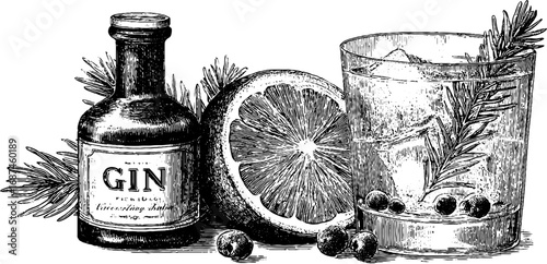 Gin tonic glass engraved set, vintage illustration hand drawn sketch for classic beverage design.
