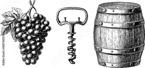 Vintage engraved set of grapes, wine barrel, and corkscrew illustration for retro designs