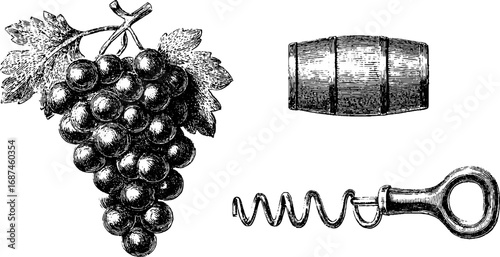 Vintage engraving of grape bunch and wine barrel with corkscrew for retro design projects