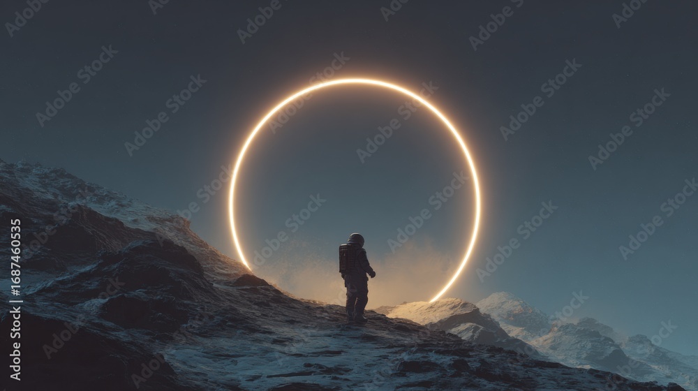 Fototapeta premium astronaut gazing at glowing ring alien landscape