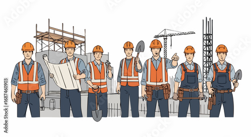 Building the future together, a dedicated team of construction workers and engineers at an industrial building site