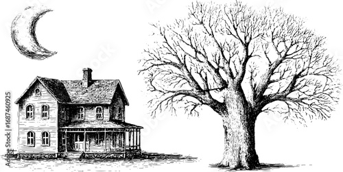 Haunted house and bare tree engraved vintage illustration set for halloween design and decor