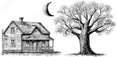 Vintage engraving of haunted house with crescent moon for halloween decor