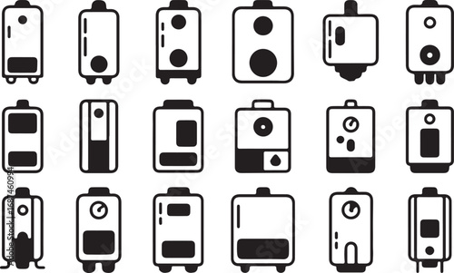 Detailed Line Art Collection of Water Heater Icons for Plumbing and Home Appliance Illustrations