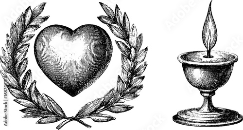 Vintage engraved heart symbol with laurel wreath and eternal flame chalice for retro design