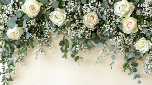 wedding backdrop greenery white roses eucalyptus babys breath ivory beige background natural design
