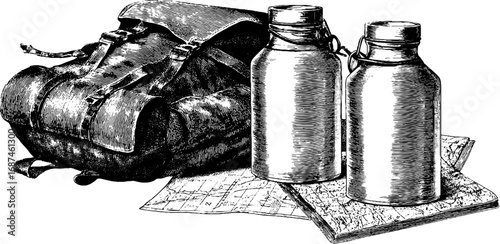 Engraved illustration set with hiking backpack, water bottles and maps, vintage sketch design.

