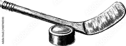 Vintage hand-drawn engraving collection of hockey stick and puck for sports design