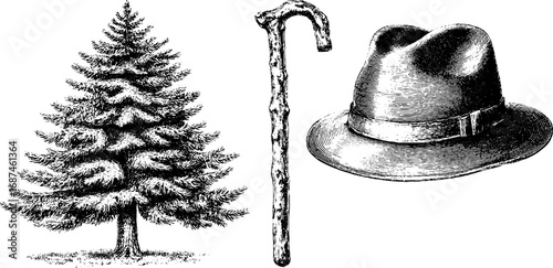 Vintage outdoor adventure gear and nature illustration set