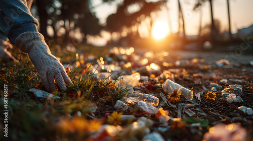 volunteer woman cleaning nature parade from plastics at sunset keeping parks clean eco friendly sustainable environment green ecology conservation outdoor activity responsible citizen planet care