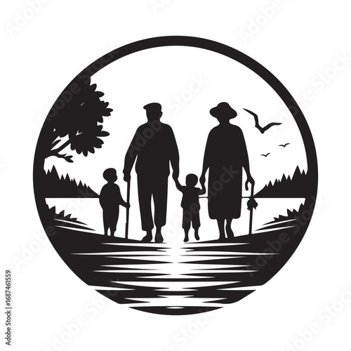 grandparents with kids vector silhouette clipart logo design illustration