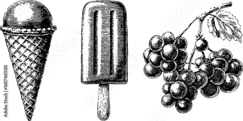 Vintage engraved collection of ice cream cones and fruit illustrations for retro design