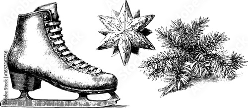 Vintage winter collection featuring ice skate, snowflake, and pine branch sketch