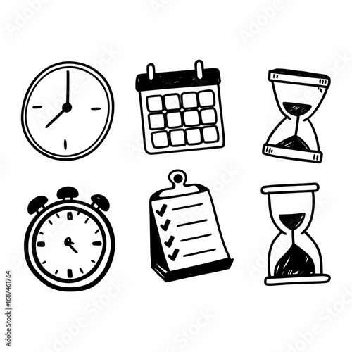 Hand drawn time management elements including clock, calendar, hourglass