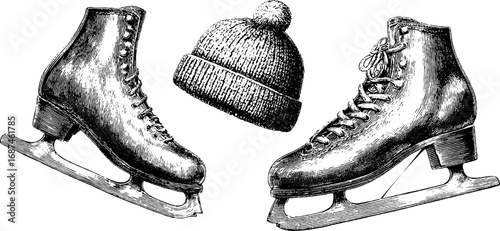 Engraved illustration set of ice skates and woolen hat for winter design