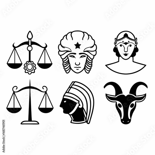 Collection of six occult symbols in black and white vector illustration