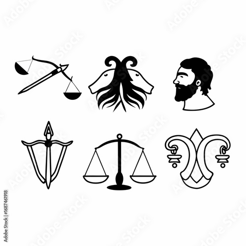 Collection of six occult symbols in black and white vector illustration