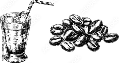 Vintage hand-drawn engraved set of iced coffee glass and coffee beans for retro design