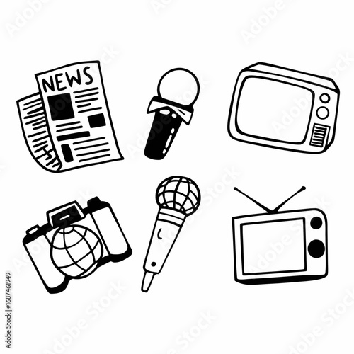 Illustration of news, microphone, tv, camera, and globe