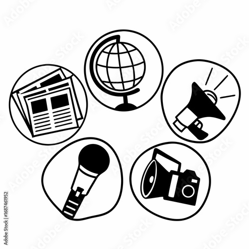 Media icon set with globe, newspaper, megaphone, microphone, and camera