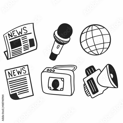 Illustration of news, microphone, globe, and video camera