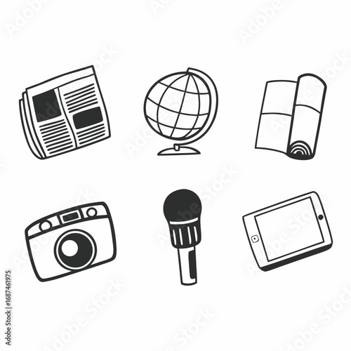 Illustration of newspaper, globe, microphone, camera, and tablet