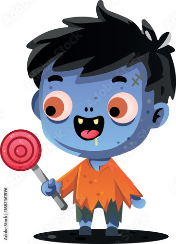A little zombie boy is happy to receive a Halloween candy.
