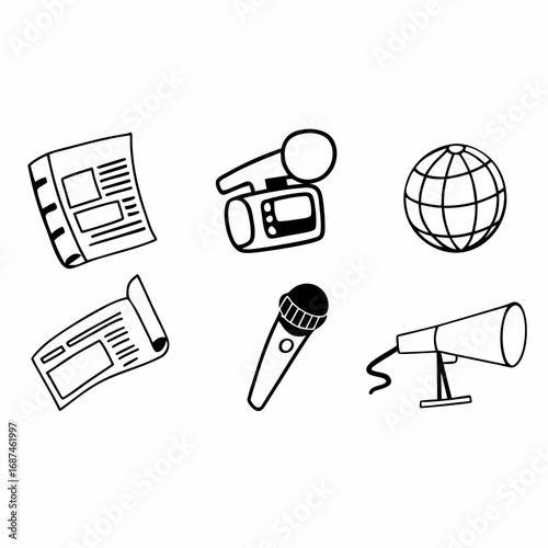 Illustration of newspaper, globe, microphone, camera, and megaphone