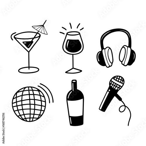 Illustration of cocktail, wine, headphones, microphone and disco ball
