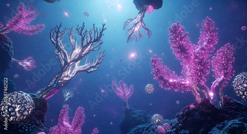 Fototapeta Naklejka Na Ścianę i Meble -  A vibrant underwater coral reef teeming with life, featuring glowing purple and silver coral formations and sparkling particles in a deep blue ocean