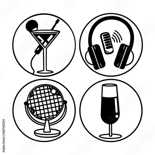 Illustration of a cocktail, headphones, microphone and champagne flute