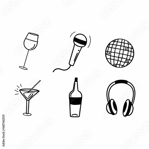 Illustration of cocktail, wine, headphones, microphone and disco ball