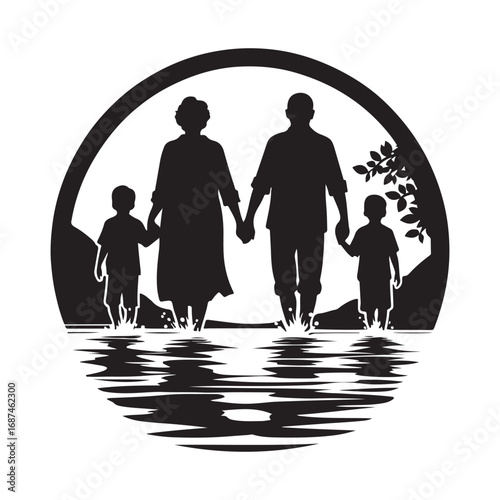grandparents with kids vector silhouette clipart logo design illustration
