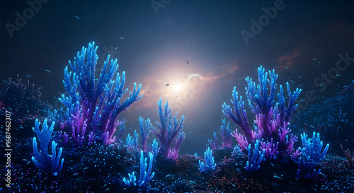 Bioluminescent alien coral reef glowing with vibrant blue and purple hues under a distant nebula, creating a mystical and otherworldly underwater landscape