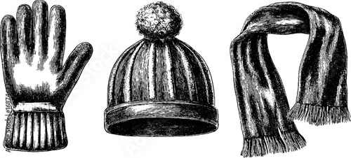 Vintage engraved collection of knitted mittens, hat, and scarf for winter design