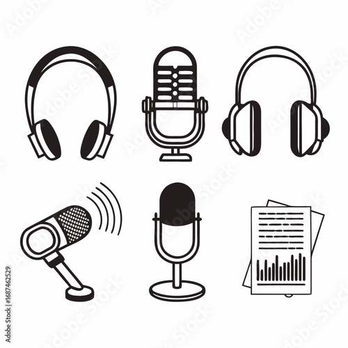 Collection of podcasting icons, microphone, headphones, report