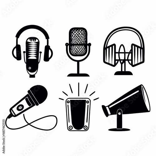 Collection of podcasting icons, microphone, headphones, speaker