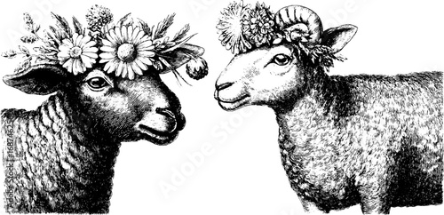 Vintage engraved illustration set of lamb with floral crowns in meadow