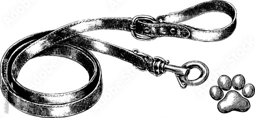 Vintage engraved illustration set of pet leash and harness - perfect for retro design and pet lovers
