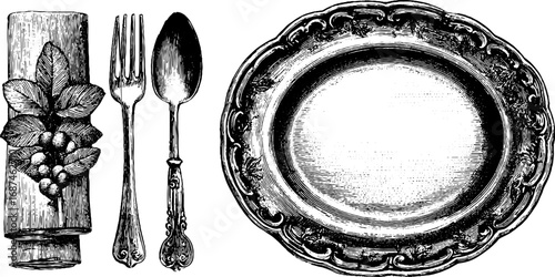 Vintage engraved illustration set of linen napkin and ceremonial tableware for retro design