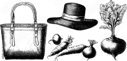Engraved illustration set featuring linen tote bag, sun hat, and fresh vegetables for retro design