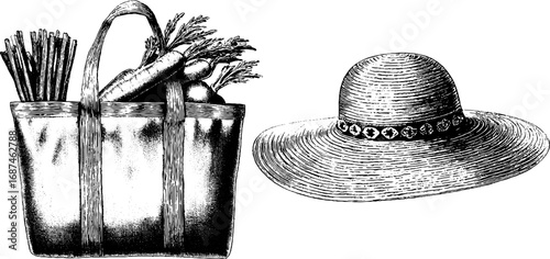 Vintage engraved illustration set of linen tote bag and straw hat for retro fashion and design
