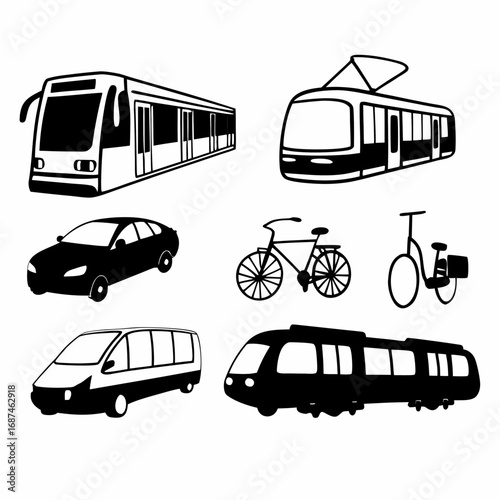 Various public transportation vehicles including trains, cars, and bicycles