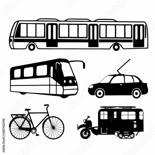 Various public transportation vehicles including trains, cars, and bicycles