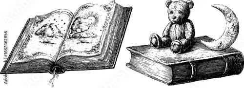 Vintage engraved illustration set of lullaby book and stuffed bear with moon for bedtime themes