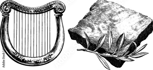 Engraved illustration set of lyre and olive branch - vintage musical and nature elements for artistic design