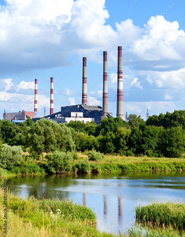 Obraz premium Power plant by river under a cloudy sky