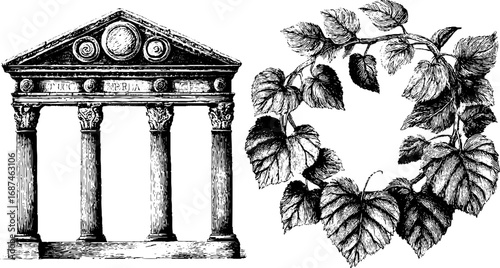 Engraved architectural and laurel wreath illustration for retro design
