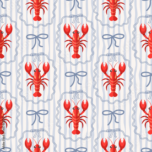Seamless pattern with lobsters on blue and white wavy stripes. Summer repeating seafood pattern. Mediterranean coastal design background.